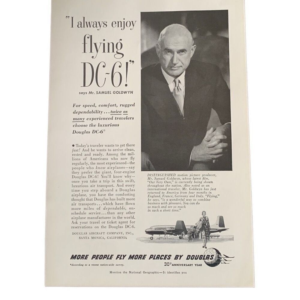Vintage 1950 Douglas DC6 Samuel Goldwyn Enjoys Flying Ad Advertisement